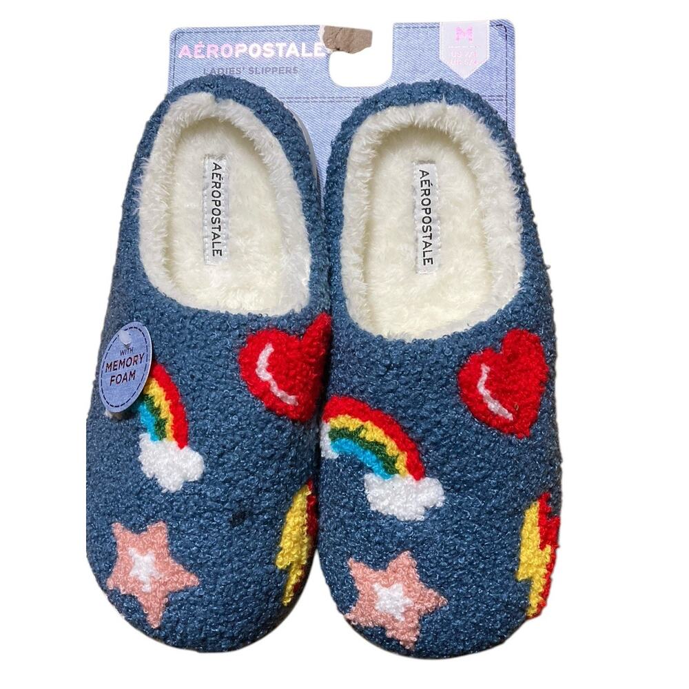 Aeropostale Ladies Slippers Hearts Stars Rainbows‎ Size Medium 7/8 NEW Blue Pink